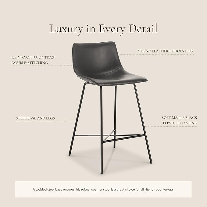 POLY & BARK Paxton Leather Counter Stools 24 Inches - Set of 3 - Counter Height Bar Stools with Back - Modern Barstools for Kitchen Island or Counters - Faux Leather & Matte Black Steel Base - Gray