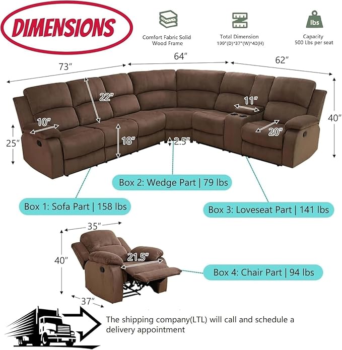 Manual Reclining Sofa Set with Drop-Down Table, Corduroy Sofa Sets, Living Room Furniture Sets, Modern Manual Recliner Sofa Sets with Storage Console for Living Room (Brown, Sectional+Chair)