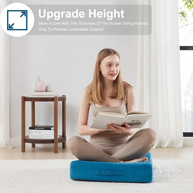 JKMAX 22 inches Floor Pillow for Adults - Large Meditation Cushion with Thick Foam & Soft Tufted Cover - Premium Outdoor Square Floor Cushion Seat - Yoga Pillow for Sitting On Floor - Peacock Blue