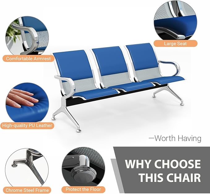 Kinfant 6-Seat Waiting Room Chairs with Arms – Heavy-Duty Steel Frame PU Leather Back & Cushioned Seat, Ergonomic Office Reception Guest Chair for Lobby, Clinic, Airport, Blue