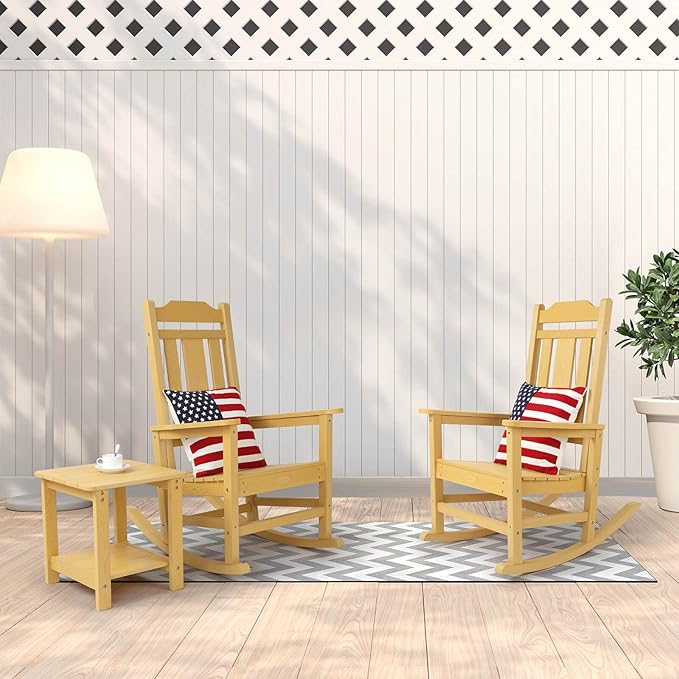 Rocking Chair, All-Weather Patio Deck Outdoor Indoor Chair, Fade-Resistant Porch Rocker Chairs, Durable Smooth Rocking, Comfortable Easy to Assemble, Low Maintain, Load Bearing 350 lbs (Yellow)