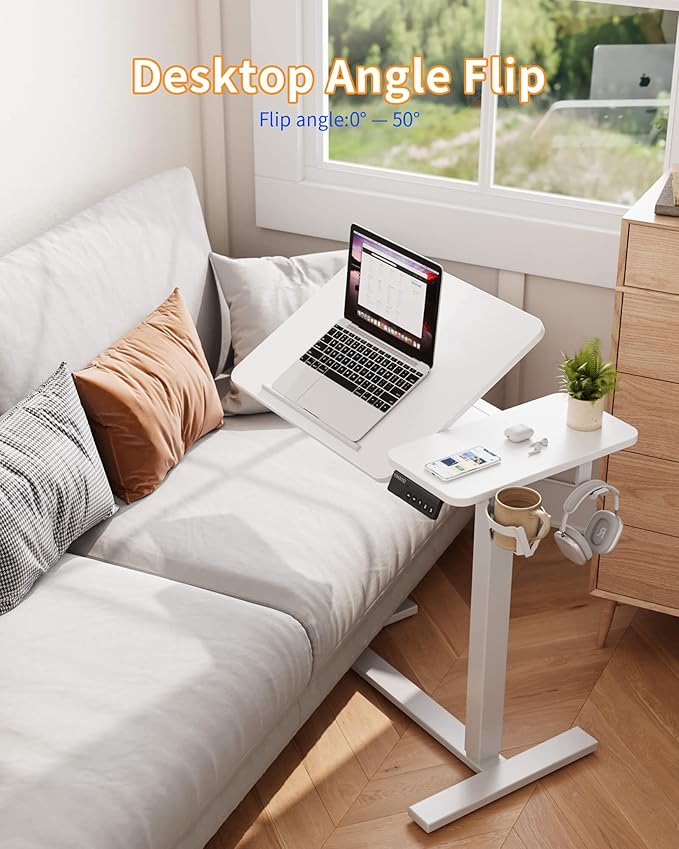 YIHAYO Electric Adjustable Overbed Bedside Table with Wheels, 24 x 16 Inches Mobile Standing Desk, Laptop Desk, Movable Overbed Tables Hospital Home Use, White
