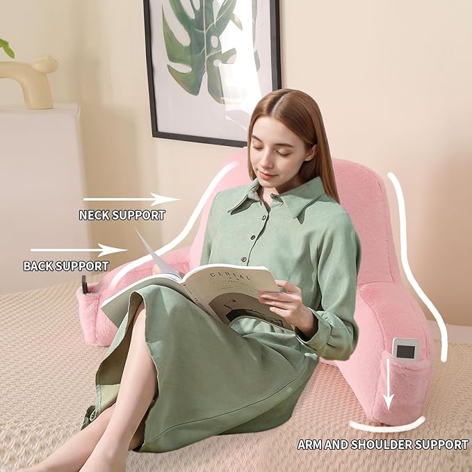 PAJEO Reading Pillow for Sitting in Bed, Large Backrest Reading Pillow with Arm Rest,Back-Rest Support Cushion for Sit Up on Couch, Sofa, and Floor, Dorm Essentials (Pink Faux Fur, Standard(17"))