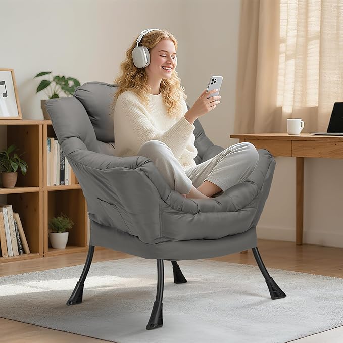 TLSUNNY Lazy Chair, Modern Comfy Lounge Accent Chair, Large Sofa Armchair with a Side Pocket, Leisure Reading Chair for Bedroom, Living Room, Dorm (Dark Grey)