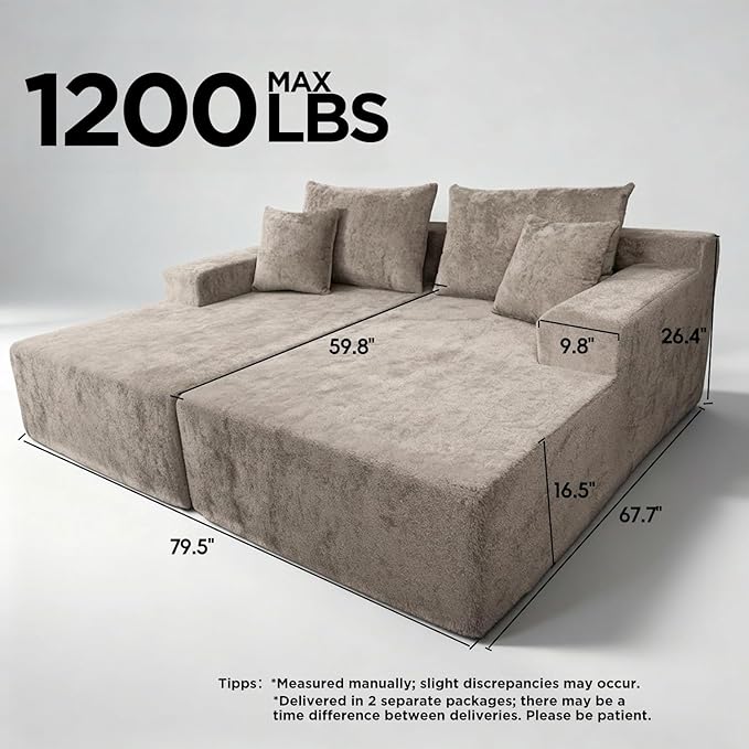 Sytopia Loveseat Chaise Lounge with Armrests, Oversized Sofa Bed with 4 Pillows, Cozy Boneless Sleeper, Modular Sectional Couch for Living Room Bedroom, Floor Chair Furniture sala Chenille