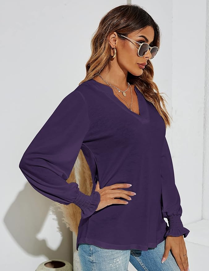 Romanstii Women's Casual V-Neck T-Shirts Loose Puff Long Sleeve Tops Tunic Blouses