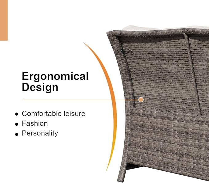 OC Orange-Casual 2-Piece Outdoor Patio Furniture Wicker Love-seat and Coffee Table Set, with Built-in Storage Bin, Grey Rattan, Beige Cushions
