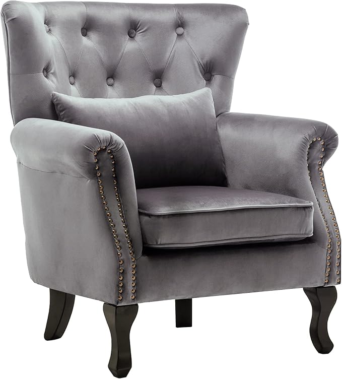 DM Furniture Set of 2 Mid-Century Modern Accent Chair, Velvet Armchair w/Tufted Back/Wood Legs, Upholstered Lounge Arm Chair Single Sofa for Living Room Bedroom, Grey