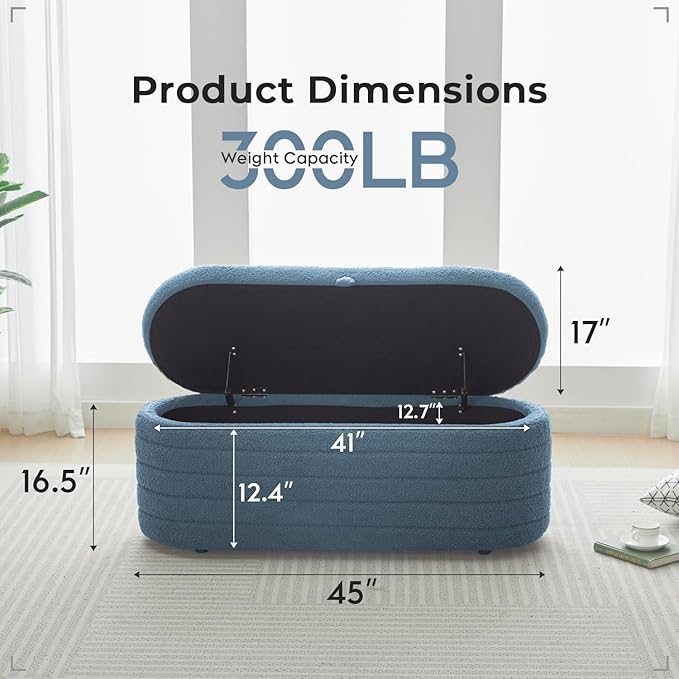 Storage Ottoman Bench End of Bed for Bedroom,45 inch Boucle Upholstered Entryway Shoe Seat Bench w/Storage,Sherpa Modern Padded Blanket Chest Stool Foot Rest for Living Room,Window Seating,Blue