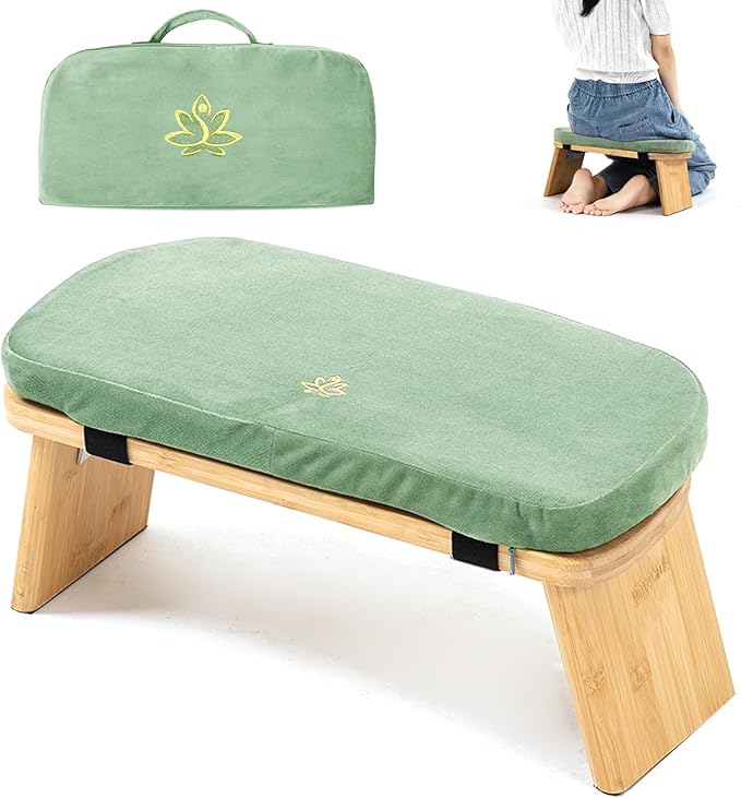 Estleys Meditation Bench, Bamboo Meditation Stool, Folding Kneeling Meditation Bench, Seiza Prayer Bench, Prayer Bench with Meditation Cushion, Kneeling Stool (Green & Bag)
