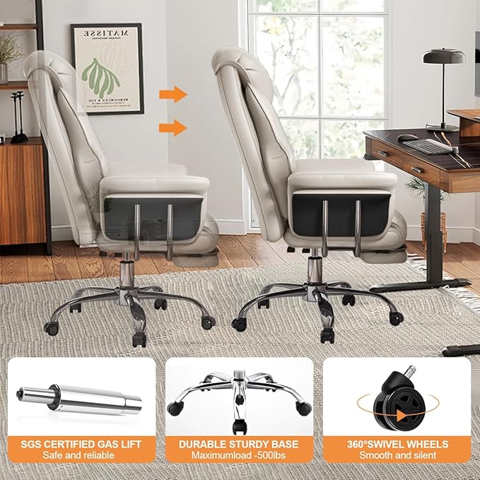 BTFYOU Big and Tall Office Chair with Armrests Executive Chair with Footrest and Spring Lumbar Support High Back Leather Ergonomic Chair Adjustable Height Tilt Lock for Business