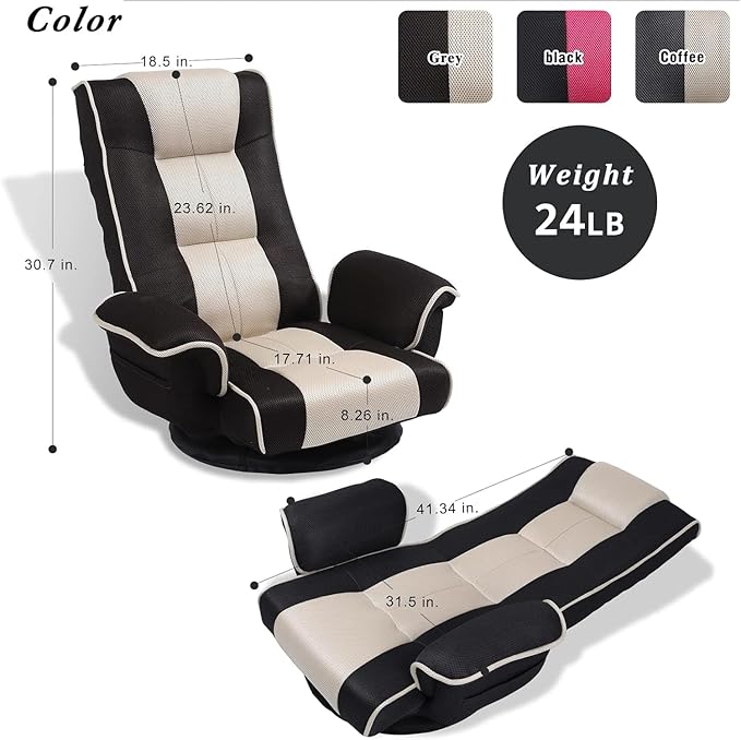Linen Fabric Ergonomic Gaming Chair, 6-Position Reclining Sofa Bed with Lumbar Support, Foldable Floor Lounger with Thick Cushion, Armrests & Side Pockets for Esports, Reading, Napping (Brown + Beige)