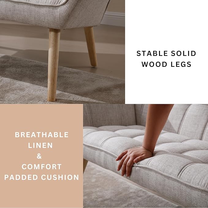 48" Small Loveseat Sofa, Mid Century Modern Linen Love Seat with Wood Legs 2-Seat Sofa Couch Tufted Wingback Upholstered Sofa Chair for Living Room Bedroom Apartment, Beige