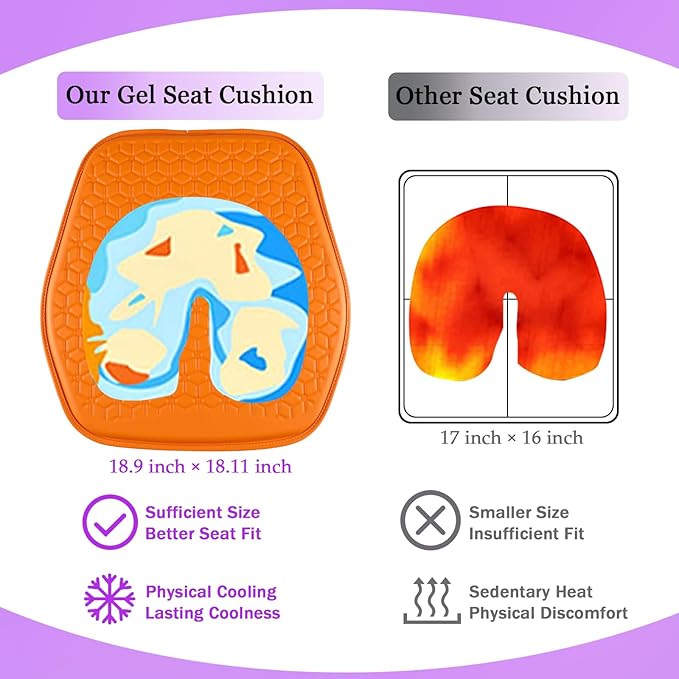 Binsheo Thin Gel Seat Cushion for Car Seat, Office Chair, Wheelchair, Golf Cart - Non-Slip Car Seat Cushions with 0.7 Inch Gel - Sciatica & Coccyx Pain Relief (Leather, Orange)