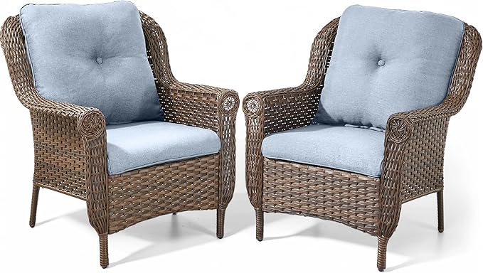 ACTREST Patio Wicker Chairs Outdoor Furniture Chair - Set of 2 Outside All Weather Lawn Dining Brown Rattan Armchair with High Back&Deep Seating for Deck Porch Balcony Backyard Garden - Baby Blue