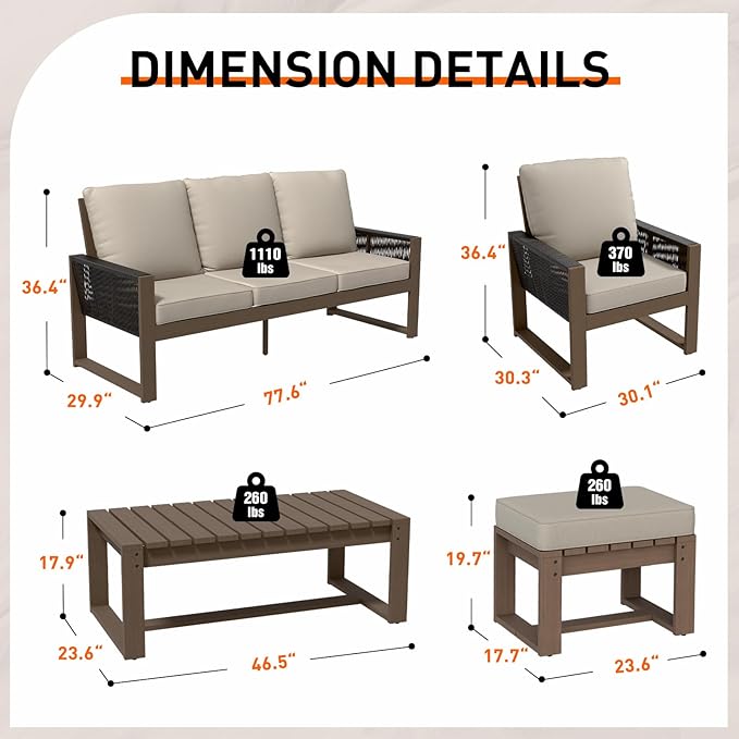 INTER HUT Rustic Hideaway Natural Cedar Wood Outdoor Furniture Set, Wicker Patio Conversation Set for Porch Garden Backyard, Couch, 2 Patio Chairs, Table and 2 Ottomans, 6 Piece, Brownish/Beige