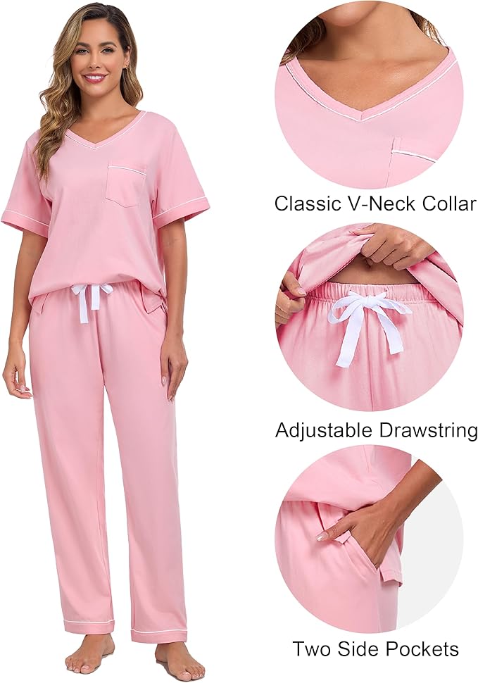 CF Women's 100% Cotton Pajama Sets Soft Short Sleeve Tops & Pants Comfy Sleepwear 2 Piece Lounge set with Pockets Loungewear