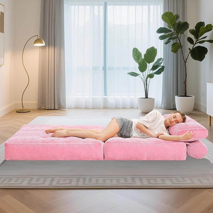 HABUTWAY Folding Sofa Bed, Convertible Sleeper Chair Bed w/Dual-Pillow & Handle, Foldable Floor Sofa Lounge w/Back Support for Living Room, Bedroom, Apartment, Office, Single, Pink