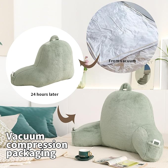 PAJEO Reading Pillow for Sitting in Bed, Large Backrest Reading Pillow with Arm Rest,Back-Rest Support Cushion for Sit Up on Couch, Sofa, and Floor, Dorm Essentials (Green Faux Fur, Large(19"))
