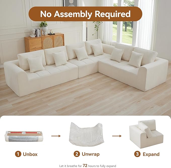 140'' Boneless Modular Couches for Living Room, Compressed Cloud Sectional Modern Sofa, L Shaped 6 Seater Upholstered Memory Foam Oversized Sofa, No Assembly, Chenille Beige