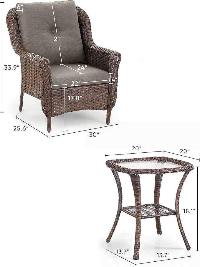 ACTREST 3 Piece Patio Brown Wicker Chairs with Side Table - Outdoor High Back Heavy Duty All-Weather Lawn Dining Rattan Chair Conversation Bistro Set for Deck Porch Balcony Backyard Garden - Grey