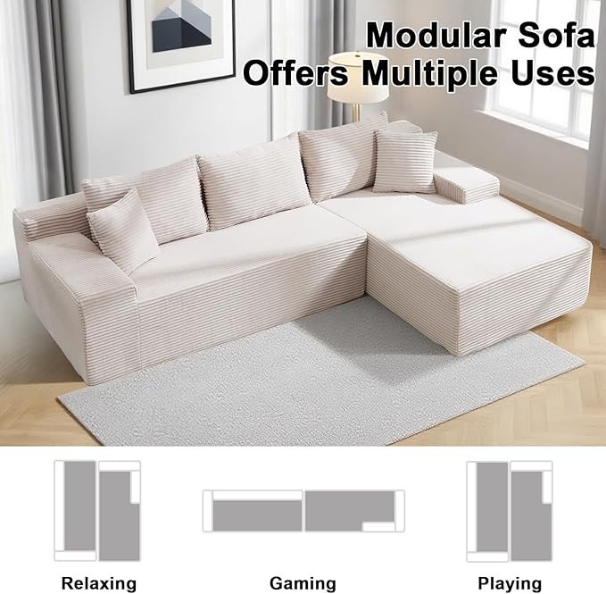 105" Cloud Modular Sectional Couch with L-Shape Chaise, Upholstered Corduroy Couches for Living Room, No Assembly Required Deep Seat Boneless Sofa