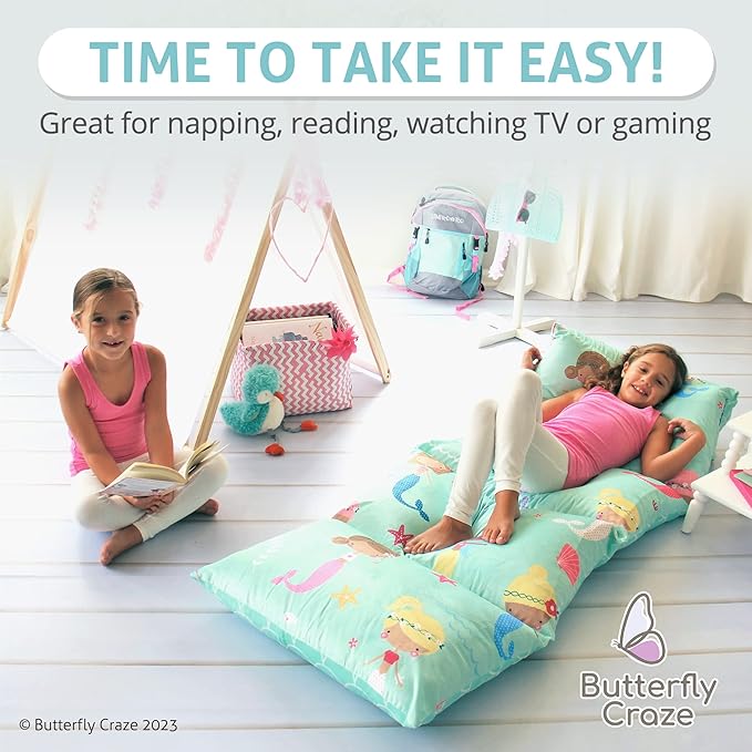 Butterfly Craze Floor Pillow Case - Cozy Reading Chair & Lounger - Versatile Seat & Floor Bed - Portable Cushion & Sleeping Pad - Queen, Mermaid Aqua