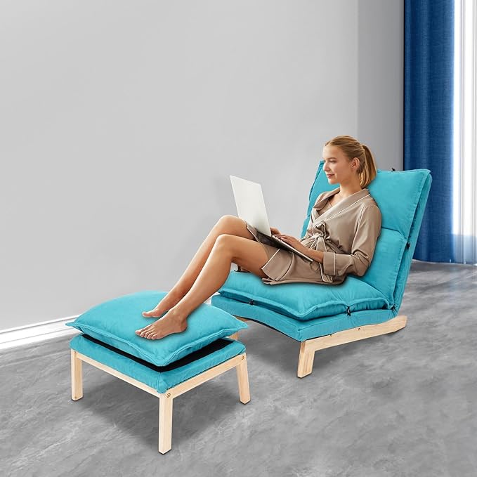 Single Lazy Leisure Chair, Adjustable Recliner Balcony Reclining Japanese Tatami Chair with Ottoman, Floor Seating Lounge Chair with Backrest and Footrest, Upholstered Chair for Living Bedroom (Blue)