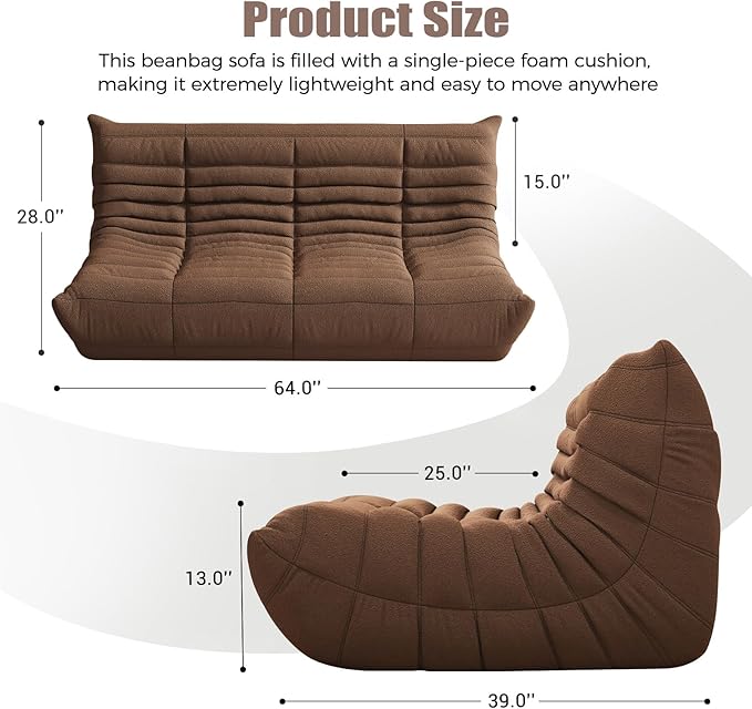 Selyteramy 3 Seat Oversized Bean Bag Chairs for Adults, Memory Foam Fireside Beanbag Couch, Comfy Bean Bag Lounger Lazy Sofa for Living Room, Bedroom, Playroom, Coffee