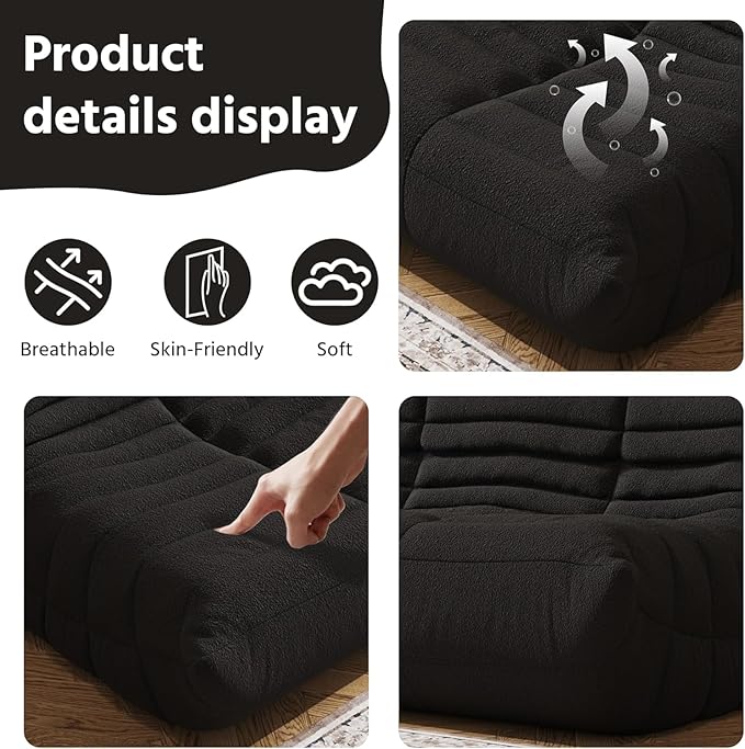 Bean Bag Chair Lazy Floor Sofa, Giant BeanBag Fireside Chair with Memory Foam Filled, Soft Bean Bag Comfy Couch for Teens Adults, Non-Slip Base Lounge Chair, Living Room, Bedroom (Black, Loveseat)