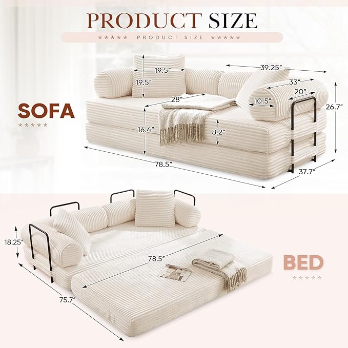 Modular Couch Bed, Convertible Folding Plush Corduroy Comfy Floor Memory Foam Compression Loveseat Sleeper Sofa Couch, King Size Bed for Guest Room Living Room Bedroom, No Assembly Required, Beige