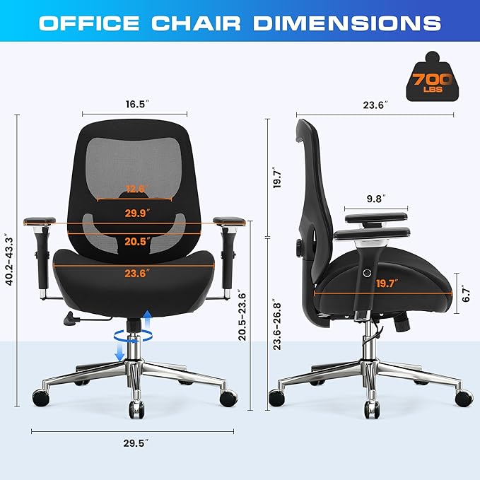 700lbs Big and Tall Office Chair for Heavy People Ergonomic Mesh Desk Chair with Wide Thick Seat Cushion, Adjustable Lumbar Support and 4D Armrests for Aitting All Day