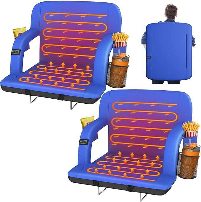 HOPERAN 25" 2pcs Dual-Sided Heated Stadium Seats for Bleachers with Back Support, 3 Levels Heating Stadium Seating for Bleachers Seat with Backrest, 5 Pockets Portable Stadium Chair(Blue)