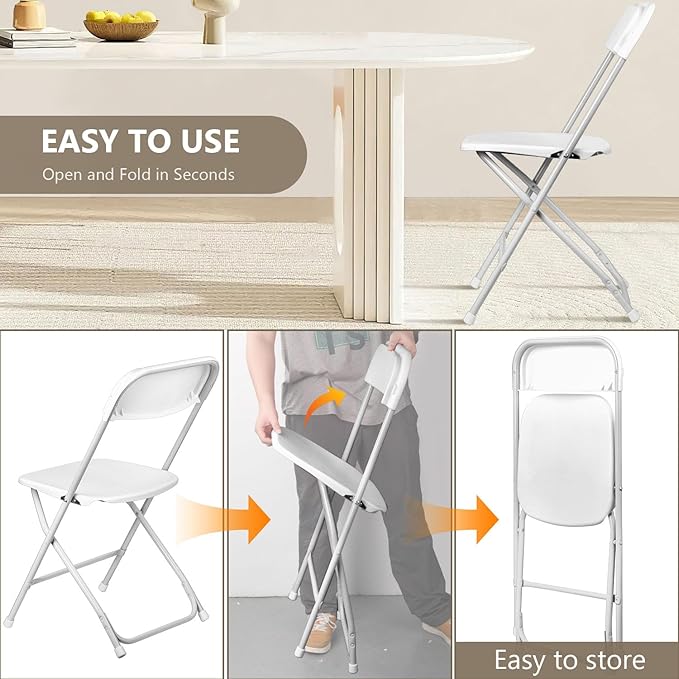 Folding Chairs 10 Pack, Heavy-Duty Plastic Foldable Chairs with Sturdy Metal Frame, 350 lbs Capacity, Stackable Portable for Weddings, Parties, Office, Indoor, Outdoor Events, White