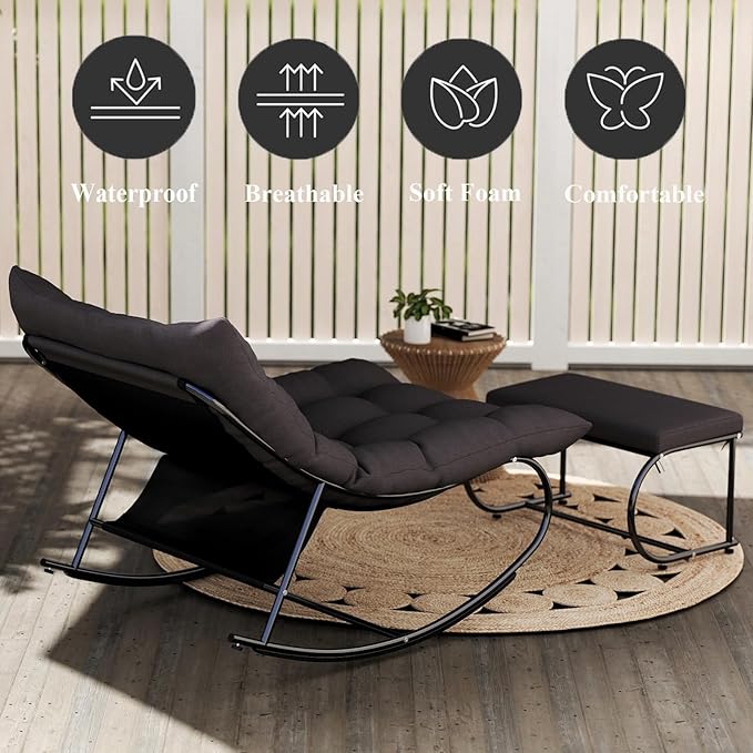 DAYAOUTDOOR 2 Piece Outdoor Rocking Chairs with Ottoman, Patio Oversized Rocking Egg Chair with Cushion, Papasan Chair Set of 2 for Outside, Outdoor Padded Chairs, Grey