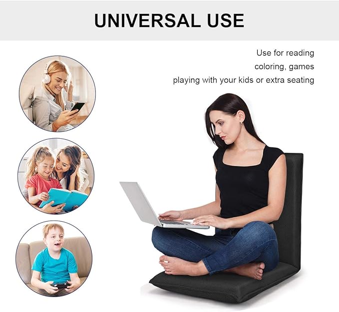 BestComfort Folding Floor Chair 6-Position Adjustable Meditation Chair Video Gaming Chair with Back Support for Reading TV Watching, Portable Floor Seat Lounge Sofa Chair for Kids Teens Adult, Black