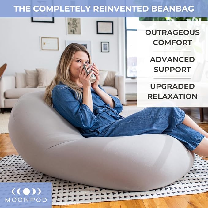 The Moon Pod Bean Bag Chair - Large, Modern Beanbag for Adults, Kids and Teens. Washable Stretch Cover Filled with Thousands of High Density Micro-Beads (Light Gray).