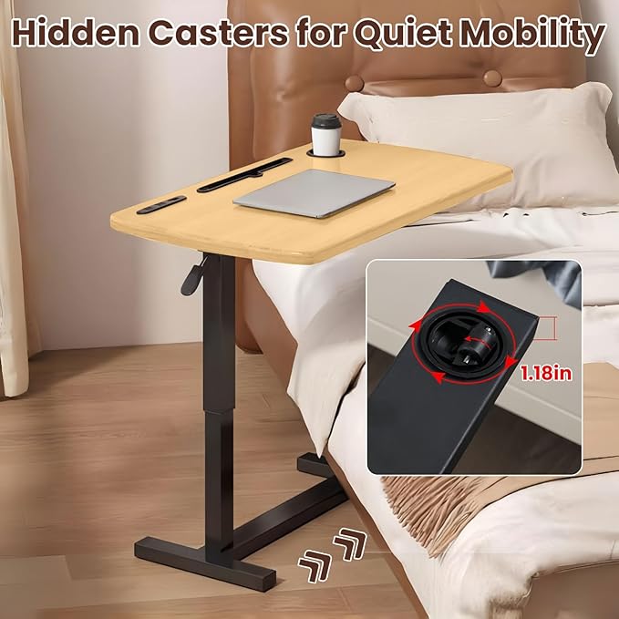Overbed Bedside Table with Wheels, Height Adjustable Hospital Bed Table, Mobile Computer Standing Laptop Desk with USB Charge and Cup Holder