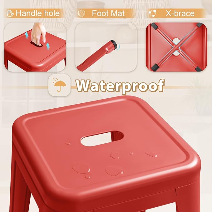 Furmax 30 Inch Metal Bar Stools Set of 4, Counter Height Backless Stools, Industrial Bar Chairs Patio Stool Stackable Backless Stool for Kitchen/Dining Room/Bistro/Patio Indoor Outdoor (Red)