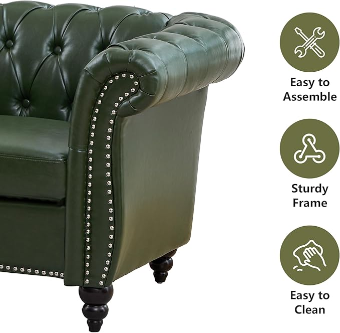 QHITTY Accent Large Sofa, Chesterfield Couch 3 Seater Modern Leather Couch Upholstered Sofa with Tufted Back for Living Room Furniture (Green)