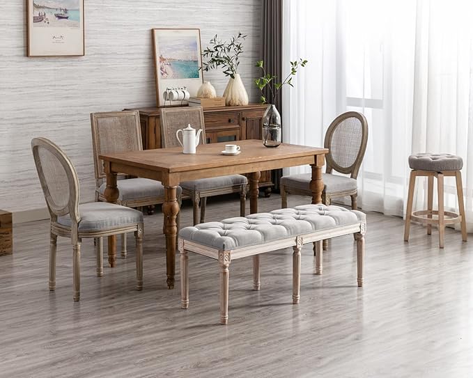 CIMOTA Farmhouse Dining Chairs Set of 8, French Rattan Dining Room Chairs with Rectangle Back/Distressed Wood Upholstered Vintage Side Chairs for Kitchen/Restaurant, 8PCS/Grey