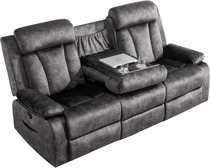 GUEAPY 3 Seater Power Reclining Sofa with Heat & Massage, Drop Down Table with Cup Holders, USB & Type-C Ports, Dutch Velvet Recliner Couch for Living Room, Home Theater & RV, Independent Controls