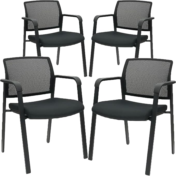 CLATINA Guest Reception Stacking No Wheels Desk Chair, Mesh Back Waiting Room Chairs with Arm Upholstered Fabric Seat and Ergonomic Lumbar Support for Office Conference School Church, Black (4 Pack)