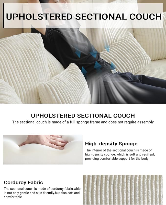 110" Cloud Sectional Couch, Modular Sectional Sofa with Deep Seat, Corduroy Upholstered Boneless Couch for Living Room Bedroom, Left Facing Chaise (Beige, 110" Right Facing Chaise)