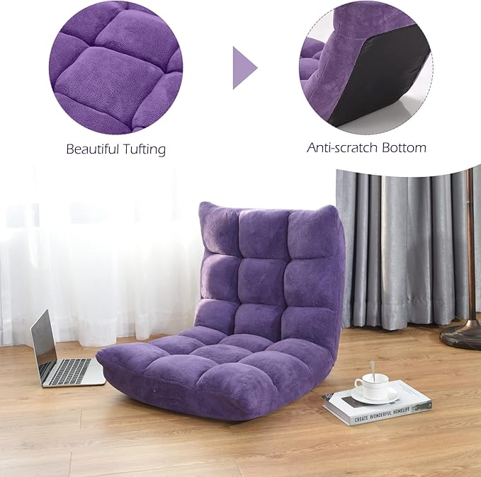 COSTWAY Adjustable Gaming Chair, Purple, 14-Position Back Support, Soft Coral Fleece, Portable, Lightweight, 22" x 24" x 22"