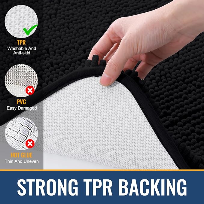 Arotive Bathroom Rugs 44x24, Extra Soft Absorbent Shaggy Chenille Bath Rugs, Machine Washable Rubber Backing Non-Slip Bath Mats for Bathroom Floor Tub and Shower, Home Decor Accessories, Black