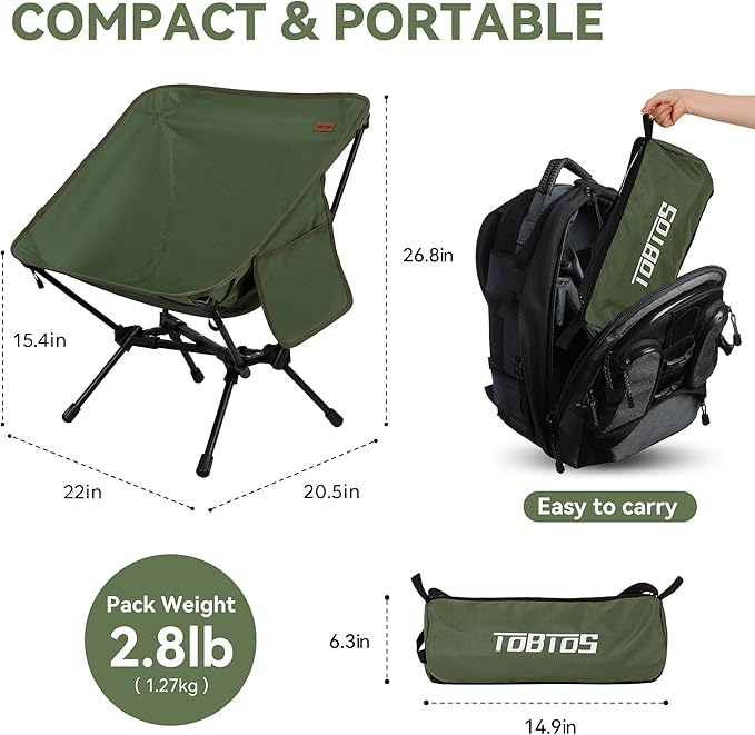 TOBTOS 2 Pack Ultralight Camping Chair, Portable Folding Backpacking Chair, Compact Camping Chair with Carry Bag for Outdoor Camp Hiking Backpack Travel (Green)