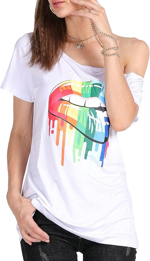 MAGICMK Women’s Short Lips Print Causal Off The Shoulder Plus Size T-Shirt Tops