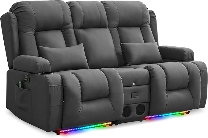 URRED Loveseat Recliner Sofa with Massage and Heat, Power Reclining Loveseat Sofa RV Couch with Console, Home Theater Seating with LED Lights, Bluetooth Speakers, USB, Outlets, Leathaire Gray