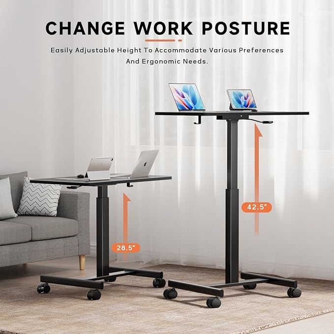 NICECOZY Mobile Standing Desk, Small Teacher Standing Rolling Desk, Portable Laptop Desk with Lockable Wheels, Computer Workstations, Adjustable Height, Black